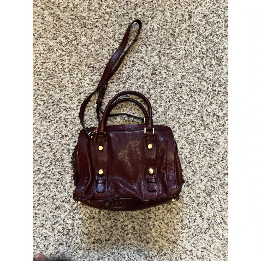 Michael Kors Tote Womens Burgundy Berry Zip Handbag Leather Trim Shoulder Straps